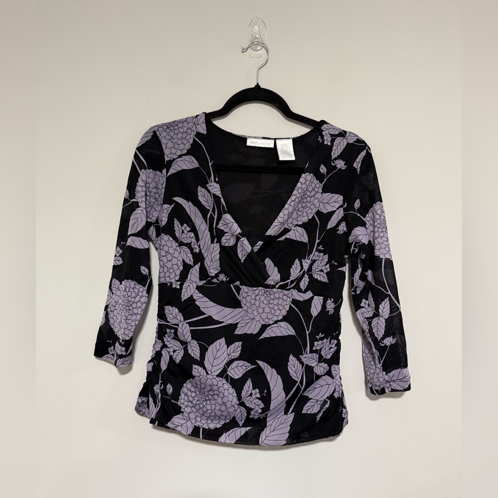 Vintage Y2K Black Purple Floral Babydoll Mesh Top Size Large Ruched Stretch